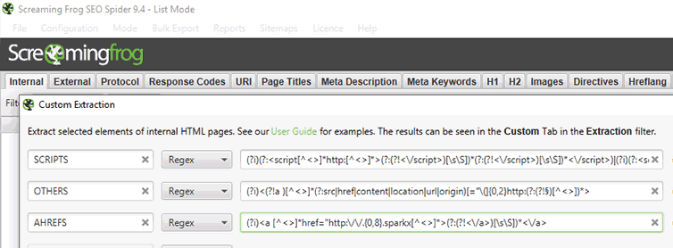 Screaming Frog mixed content custom extraction